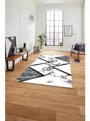 Napoli Home Baskılı Mermer Çapraz Çizgi Detay Kaymaz Yıkanabilir Yolluk Mutfak Salon Halısı, Mermer-32-Antrasit,