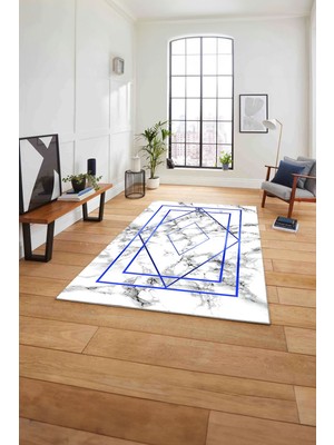 Napoli Home Baskılı Mermer Görünümlü Çizgili Kaymaz Yıkanabilir Yolluk Mutfak Salon Halısı, Mermer-35-Mavi,