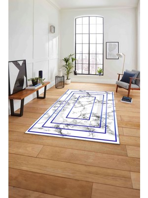 Napoli Home Baskılı Mermer Görünümlü Çizgili Kaymaz Yıkanabilir Yolluk Mutfak Salon Halısı, Mermer-34-Mavi,
