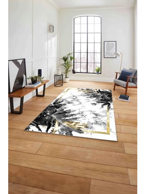 Napoli Home Baskılı Mermer Çerçeve Çiçek Desenli Kaymaz Yıkanabilir Yolluk Mutfak Salon Halısı, Mermer-60-Gold,