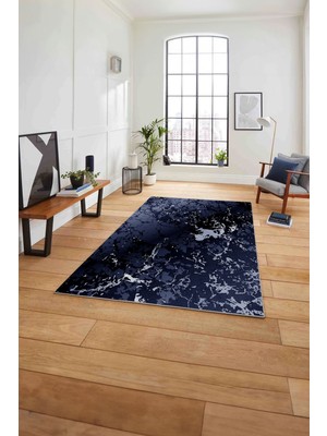 Napoli Home Baskılı Mermer Zemin Sade Modern Kaymaz Yıkanabilir Yolluk Mutfak Salon Halısı, Mermer-55-Lacivert,