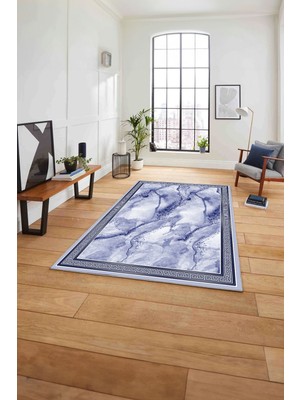 Napoli Home Baskılı Mermer Zemin Kenarlı Model Kaymaz Yıkanabilir Yolluk Mutfak Salon Halısı,Mermer-73-Lacivert,