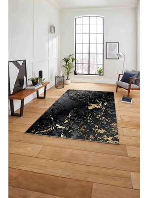 Napoli Home Baskılı Mermer Zemin Sade Modern Kaymaz Yıkanabilir Yolluk Mutfak Salon Halısı, Mermer-55-Gold,