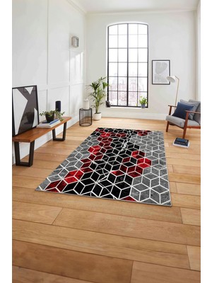 Napoli Home Dijital Baskılı Mermer Küp Model Kaymaz Yıkanabilir Yolluk Mutfak Salon Halısı, Mermer-49-Kırmızı,