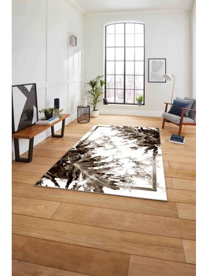 Napoli Home Baskılı Mermer Çerçeve Çiçek Desenli Kaymaz Yıkanabilir Yolluk Mutfak Salon Halısı, Mermer-60-Kahve,