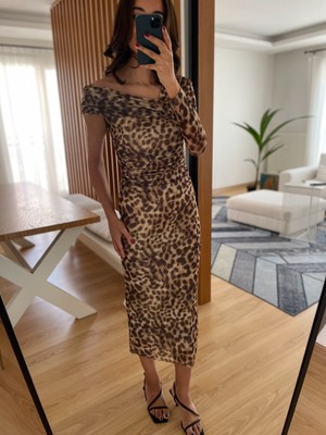Myrum Butik Leopar Desenli Midi Elbise S