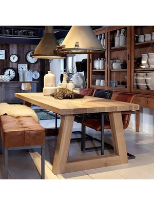 Masa Tasarım Dünyası Lykia Doğal Ahşap Kalın Ahşap Ayaklı Yemek Masası