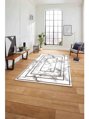 Napoli Home Baskılı Mermer Görünümlü Çizgili Kaymaz Yıkanabilir Yolluk Mutfak Salon Halısı, Mermer-34-Kahve,