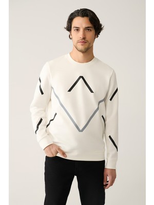 AVVA Erkek Beyaz Bisiklet Yaka Baskılı İnterlok Regular Fit Sweatshirt A41Y1119