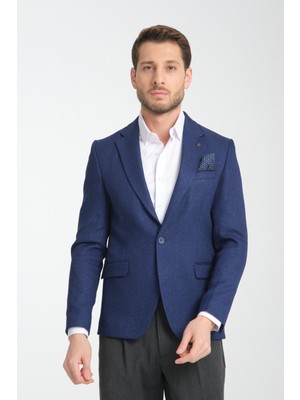 Frappoli Fevual Erkek Saks Mono Yaka Diagonal Desenli Slim Fit Blazer Spor Ceket