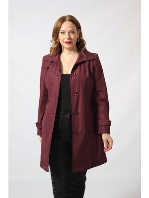 1671 Kolu Düğme Detaylı Uzun Kapişonlu Mürdüm Büyük Beden Kadın Ceket
