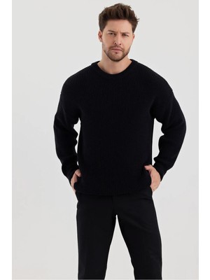 Erkek Siyah Bisiklet Yaka Örgülü Triko Kazak