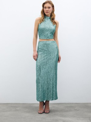 Fermuarlı Karolin Midi Etek - Mint
