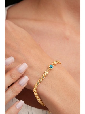 Sümer Telkari Gümüş Altın Kaplama Göz Nazar Boncuklu Zincir Bileklik 4559