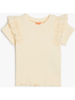 Koton Pamuklu Brodeli Kısa Kollu Bisiklet Yaka Tişört