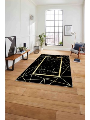 Napoli Home Baskılı Mermer Çerçeve Model Kaymaz Yıkanabilir Yolluk Mutfak Salon Halısı, Mermer-31-Siyah,