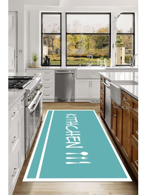 Napoli Home Baskılı Sade Modern Kitchen Yazılı Yıkanabilir Kaymaz Yolluk Salon Mutfak Halısı, Mutfak-91-Turkuaz,