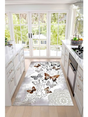 Napoli Home Dijital Baskılı Kelebek Desenli Yıkanabilir Kaymaz Yolluk Salon Mutfak Halısı, Mutfak-94-Kahve,