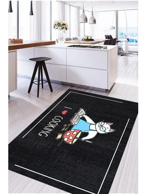 Napoli Home Baskılı Yemek Pişiren Kedi Motifli Yıkanabilir Kaymaz Yolluk Salon Mutfak Halısı, Mutfak-73-Siyah,