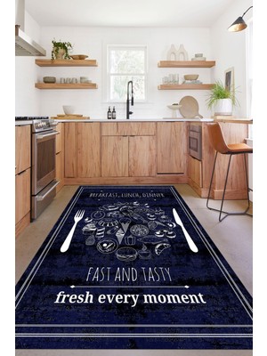 Napoli Home Dijital Baskılı Yemek Desenli Yıkanabilir Kaymaz Yolluk Salon Mutfak Halısı, Mutfak-54-Lacivert,