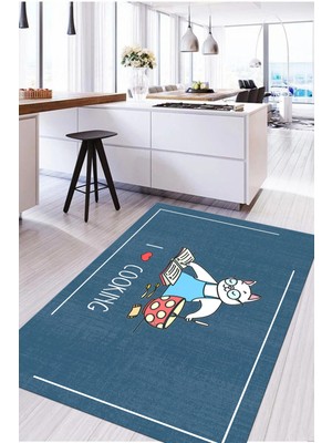 Napoli Home Baskılı Yemek Pişiren Kedi Motifli Yıkanabilir Kaymaz Yolluk Salon Mutfak Halısı, Mutfak-73-Mavi,