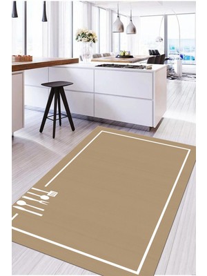 Napoli Home Baskılı Sade Düz Renk Desenli Yıkanabilir Kaymaz Yolluk Salon Mutfak Halısı, Mutfak-74-Bej,