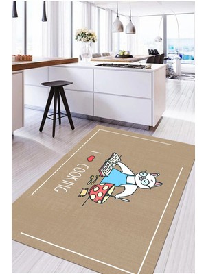 Napoli Home Baskılı Yemek Pişiren Kedi Motifli Yıkanabilir Kaymaz Yolluk Salon Mutfak Halısı, Mutfak-73-Bej,