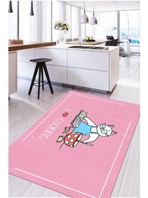 Napoli Home Baskılı Yemek Pişiren Kedi Motifli Yıkanabilir Kaymaz Yolluk Salon Mutfak Halısı, Mutfak-73-Pembe,