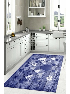 Napoli Home Dijital Baskılı Kalp Motifli Yıkanabilir Kaymaz Yolluk Salon Mutfak Halısı, Mutfak-58-Mavi,