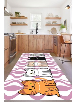 Napoli Home Dijital Baskılı Kedi Figürlü Yıkanabilir Kaymaz Yolluk Salon Mutfak Halısı, Mutfak-53-Pembe,