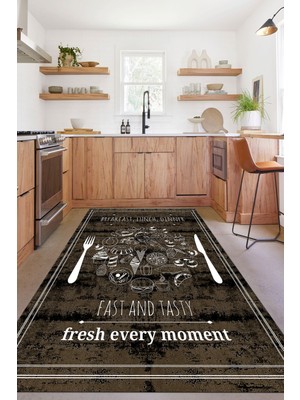 Napoli Home Dijital Baskılı Yemek Desenli Yıkanabilir Kaymaz Yolluk Salon Mutfak Halısı, Mutfak-54-Kahve,