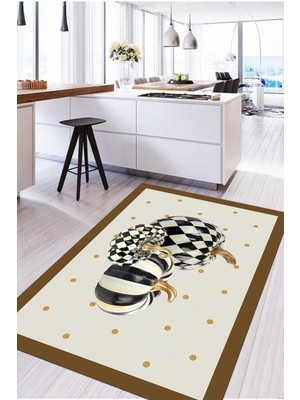 Napoli Home Baskılı Çerçeveli Kabak Motifli Yıkanabilir Kaymaz Yolluk Salon Mutfak Halısı, Mutfak-72-Kahve,