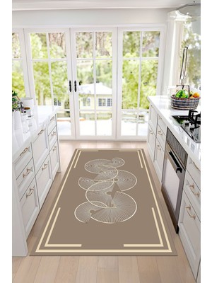 Napoli Home Baskılı Çerçeveli Dekoratif Yıkanabilir Kaymaz Yolluk Salon Mutfak Halısı, Mutfak-98-Bej,