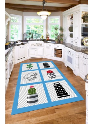 Napoli Home Dijital Baskılı Mutfak Eşya Modelli Yıkanabilir Kaymaz Yolluk Salon Mutfak Halısı, Mutfak-82-Mavi,