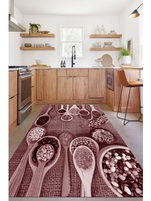 Napoli Home Dijital Baskılı Baklagil Desenli Yıkanabilir Kaymaz Yolluk Salon Mutfak Halısı, Mutfak-56-Bordo,