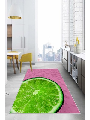 Napoli Home Baskılı Misket Limon Desenli Yıkanabilir Kaymaz Yolluk Salon Mutfak Halısı, Mutfak-63-Pembe,