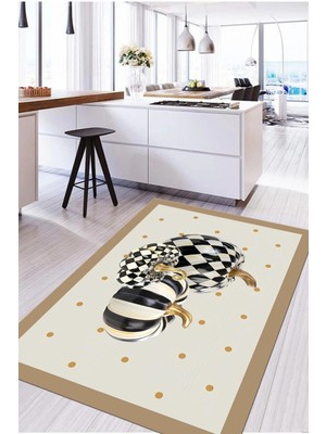 Napoli Home Baskılı Çerçeveli Kabak Motifli Yıkanabilir Kaymaz Yolluk Salon Mutfak Halısı, Mutfak-72-Bej,