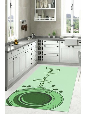 Napoli Home Dijital Baskılı Kahve Fincan Desenli Yıkanabilir Kaymaz Yolluk Salon Mutfak Halısı, Mutfak-59-Yeşil,