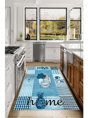 Napoli Home Dijital Baskılı Mutfak Temalı Yıkanabilir Kaymaz Yolluk Salon Mutfak Halısı, Mutfak-87-Mavi,