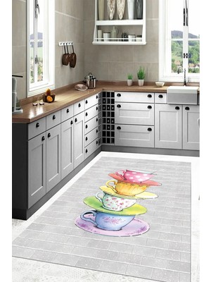 Napoli Home Baskılı Renkli Fincan Motifli Yıkanabilir Kaymaz Yolluk Salon Mutfak Halısı, Mutfak-76-Gri,
