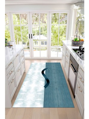 Napoli Home Dijital Baskılı Sade Desen Yıkanabilir Kaymaz Yolluk Salon Mutfak Halısı, Mutfak-96-Turkuaz