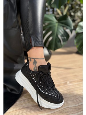 Kazax Aleid Siyah Cilt Bağcıklı Spor Ayakkabı