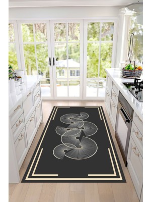 Napoli Home Baskılı Çerçeveli Dekoratif Yıkanabilir Kaymaz Yolluk Salon Mutfak Halısı, Mutfak-98-Antrasit,