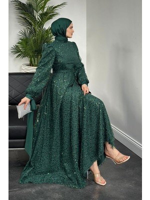 Hilly Kolları Fiyonk Saten Abiye Zümrüt