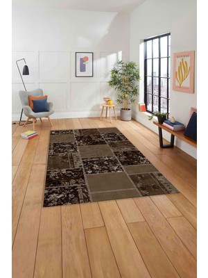 Napoli Home Baskılı Patchwork Çiçek Motifli Yıkanabilir Kaymaz Yolluk Mutfak Salon Halısı, Patchwork-40-Kahve,