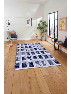 Napoli Home Baskılı Patchwork Iplik Desen Yıkanabilir Kaymaz Yolluk Mutfak Salon Halısı, Patchwork-25-Lacivert,