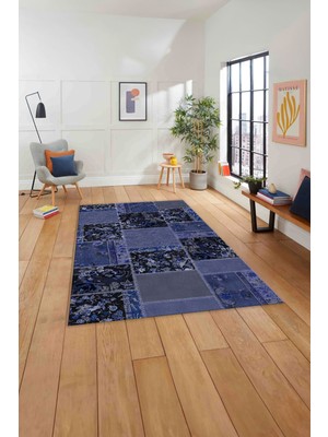 Napoli Home Baskılı Patchwork Çiçek Motif Yıkanabilir Kaymaz Yolluk Mutfak Salon Halısı, Patchwork-40-Lacivert,