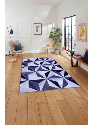 Napoli Home Baskılı Patchwork Geometrik  Yıkanabilir Kaymaz Yolluk Mutfak Salon Halısı, Patchwork-38-Lacivert,