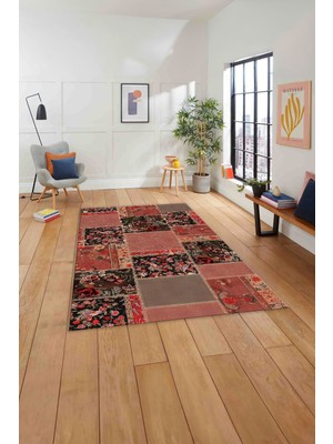 Napoli Home Baskılı Patchwork Çiçek Motifli Yıkanabilir Kaymaz Yolluk Mutfak Salon Halısı, Patchwork-40-Kırmızı,