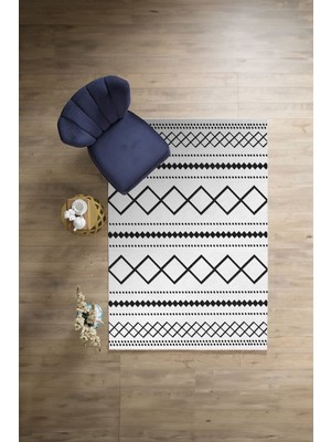 Napoli Home Dijital Baskılı Sade Kilim Motifli Yıkanabilir Kaymaz Yolluk Mutfak Salon Halısı, Sade-95-Beyaz,